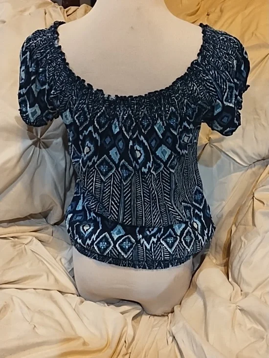 Lucky Brand Blue Patterned Short-Sleeve Peasant Blouse - Picture 3 of 3